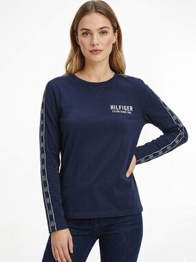 Tommy Hilfiger Navy Long Sleeve Logo Top | 60% Cotton Crewneck Tee